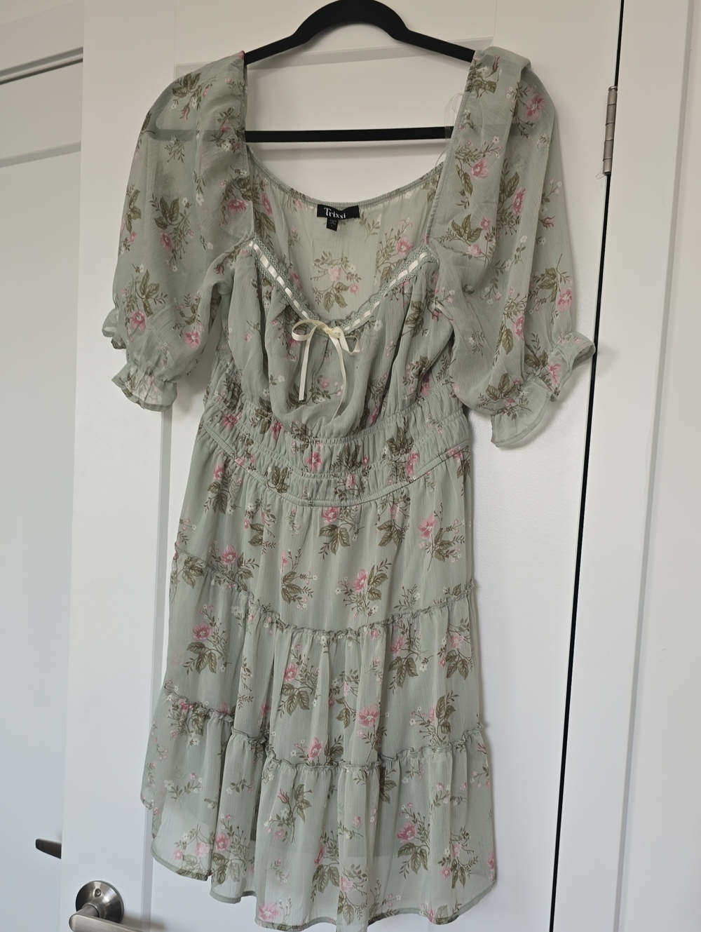 Floral Sage Green Tiered Puff Sleeve Dress